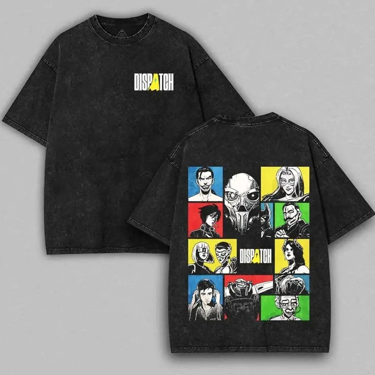 Dispatch Super Hero Double Printed Oversize Lightweight Acid Washed Tee Game Graphic T-Shirt for Men Casual Cotton Fabric Vintage Gaming cute christmas gift Retro Black Tee Oversized Heavyweight Cotton T-Shirts RMG