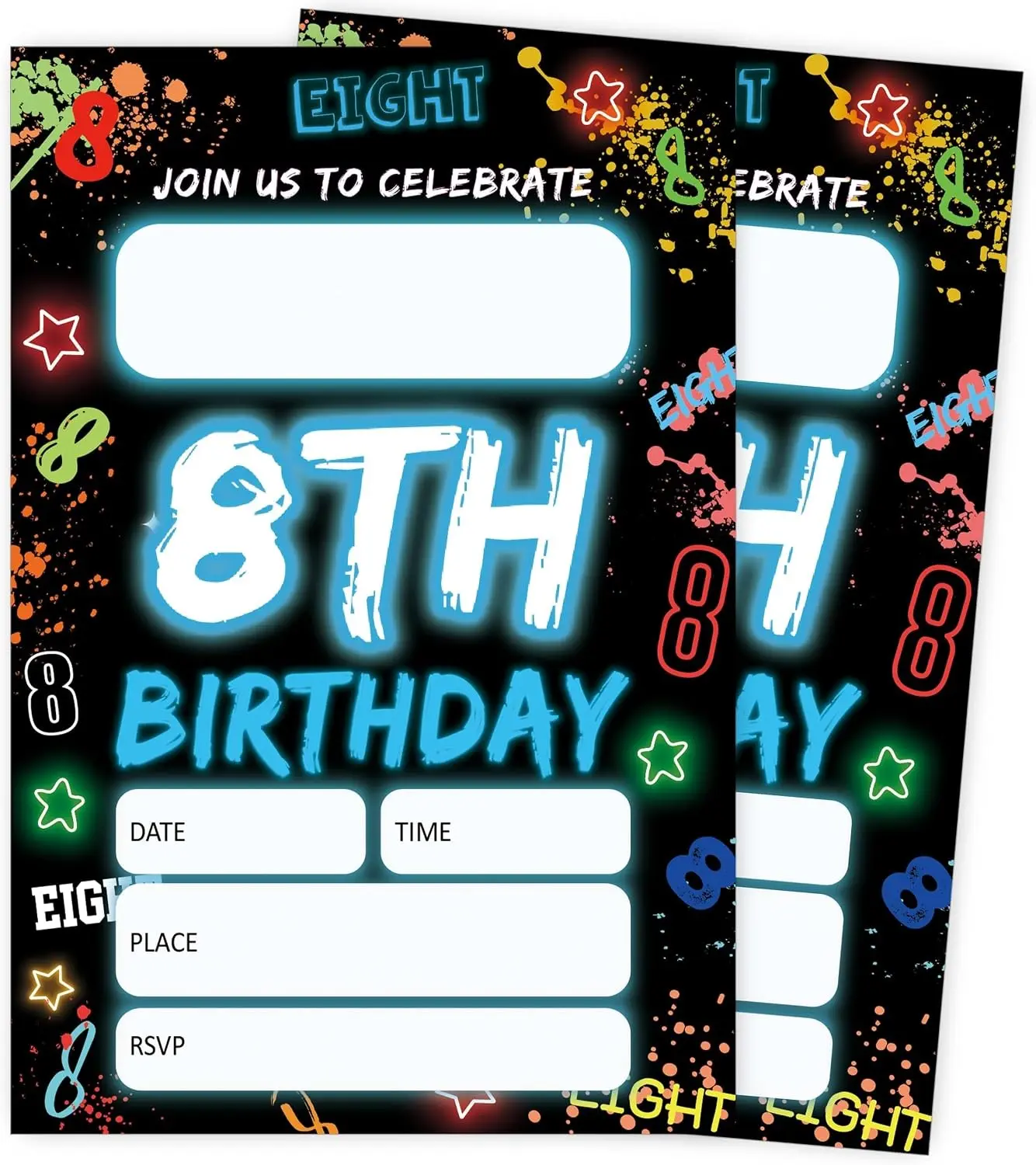 8th Birthday Party Invitations for Boys Girls, Blue Glitter Graffiti Party Invitations, 20 Double-Sided Invite Cards with Envelopes, 8th Birthday Supplies Decorations, 4x6 Inch-A10