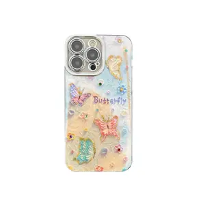3D Diamond Butterfly Oil Painting Style Phone Case for iPhone 17 Pro Max 16 15 14 13, Fashion Rhinestone Butterfly Protective Cover for Girls