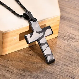 316L Stainless Steel Army Camouflage Cross Pendant Necklace