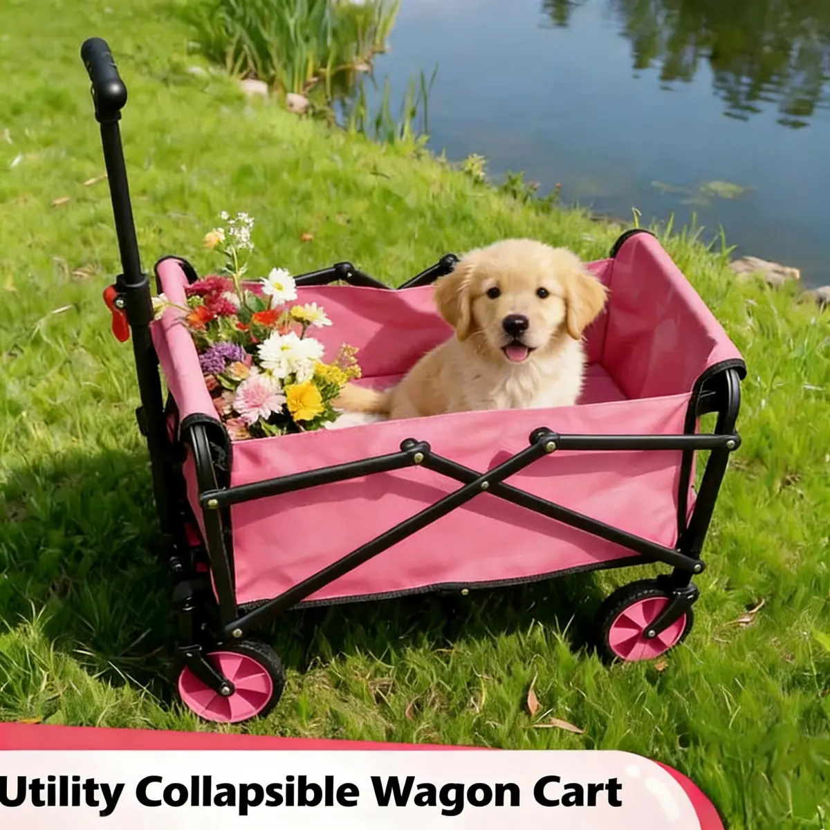 Dragonfruit Pink Collapsible Folding Wagon with Ergonomic Rod, 330 lbs Heavy-Duty Capacity, All-Terrain Wheels, Waterproof Fabric for Daily Shopping, Gardening, Camping Use, Beach, Holds Beach Chairs, Large Capacity, One-Second Folding