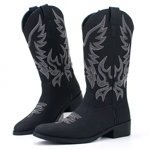Men's mid-calf western cowboy boots with flame embroidery details, pointed toe and stacked block heel, vintage-inspired rodeo and casual footwear