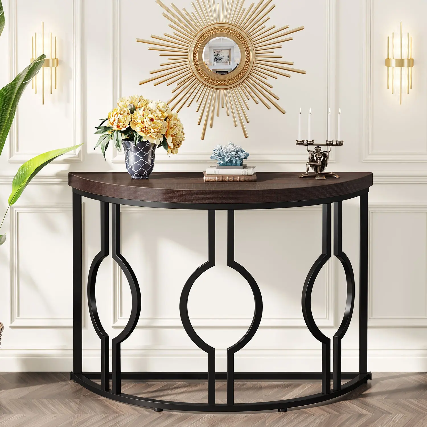 Spaco 43" Long Industrial Wooden Modern Console Table - Geometric Frame, Wood Accent, Waterproof Circular Metal Base, Adjustable Footpads, 31.5'' H x 43.3'' L x 13.8'' D, Small Space Indoor Entryway, 12-Month Quality Assurance, 120 lbs Capacity