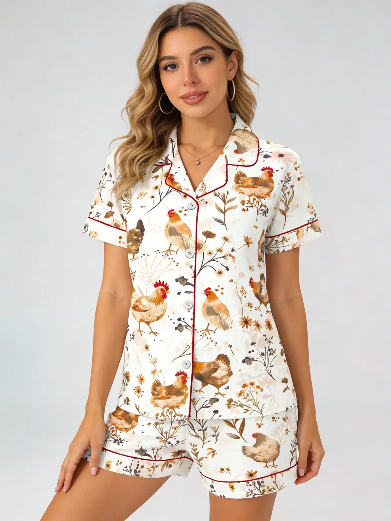 White Rooster & Floral Print Pajama Set for Women, Shorts Pajama, Button Down Short Sleeve, Spring & Summer Loungewear, Red Trim Accents, Cottagecore Cozy Home Outfit, Pjs