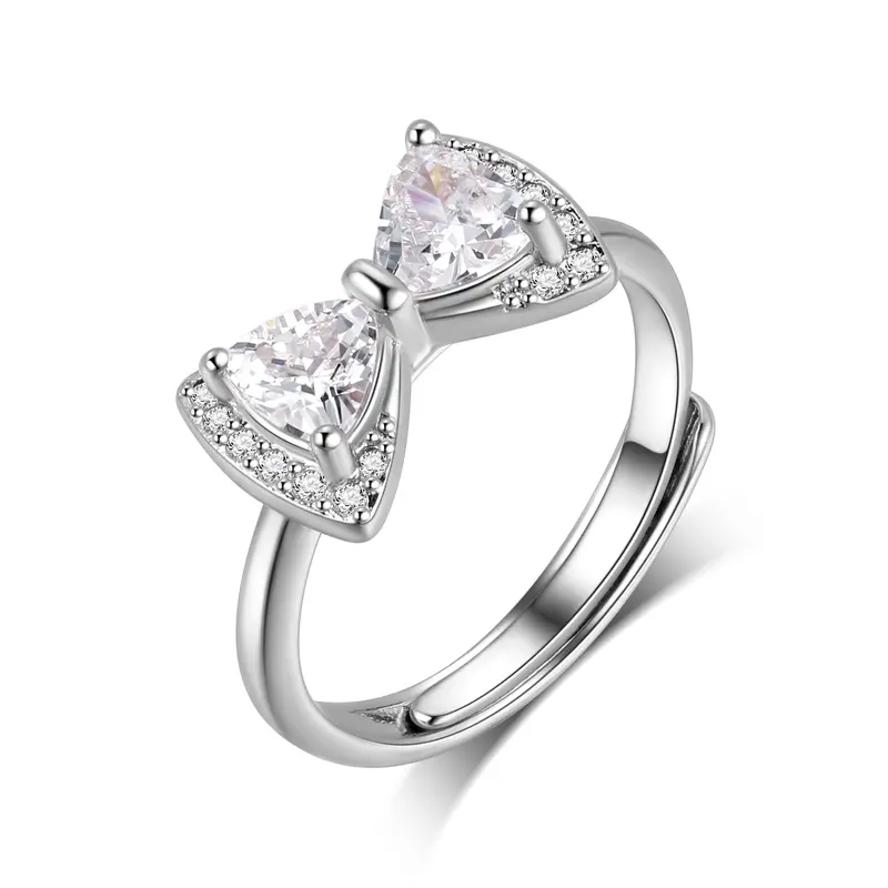 FASJEWLY Women's Customized Artificial Zircon Finger Ring - Dainty Silver Open Ring with Bow Ribbon Knot Design, Elegant Casual Jewelry for Women, Everyday Wear Birthday Gift, Artificial Zircon Ring