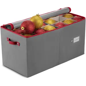 Zober Decorative Christmas Ornament Storage Box: Holds 128 3" Ornaments with Dividers - Dual Zipper, Extra Pockets in Red