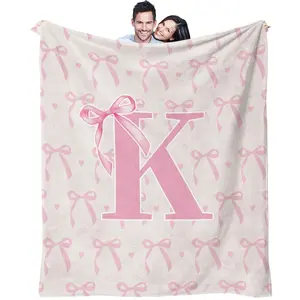 Aesthetic Pink Bow Letter A Blanket Kawaii Coquette Throw Blanket for Dorm Bedroom Sofa Chair Cute Home Decor Accessories