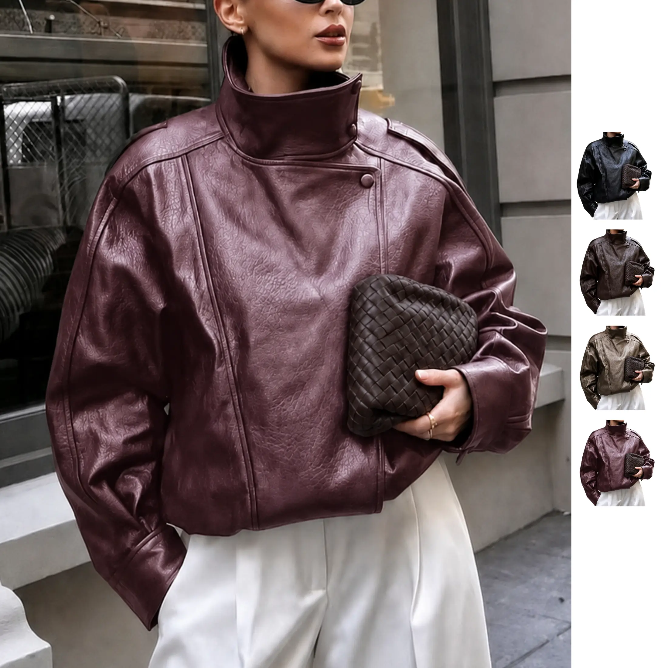 YeeZaa Faux Leather Motorcycle Jacket For Women Stand Collar Casual Loose Fit Zip Up Long Sleeve Coat, Trendy Autumn Biker Outerwear