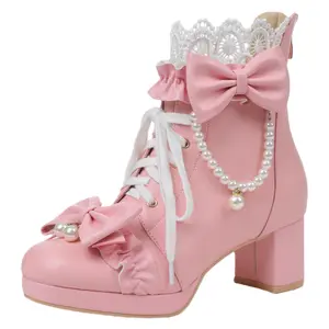 Women's Cute Lolita Boots Chunky Mid Heel Ankle with Bow Platform Shoes in Pink Lace Up Design for Stylish Height Boost