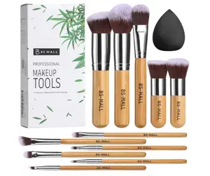 BS-MALL Makeup Brush Set 11Pcs Bamboo Synthetic Kabuki Brush Set Foundation Powder Blending Concealer Eye shadows Blush Cosmetics Brushes with Travel Organizer Bag & Makeup Sponge (Bamboo 11)