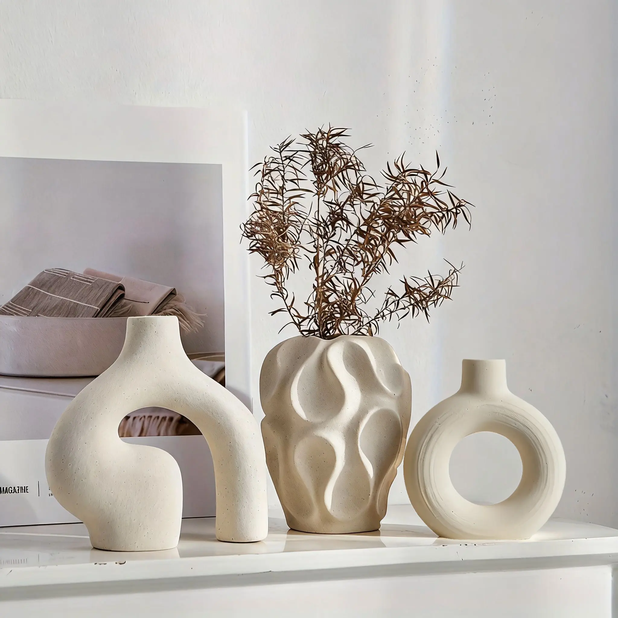3-Piece Wabi-Sabi Style Ceramic Vase Set - Modern Scandinavian Minimalist Geometric Pattern, Perfect for Living Rooms, Entryways, Studies, and Other Home Decor - New Home Decor Gift