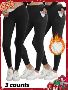 Women's Fleece Lined Leggings, Plain Stretchy Leggings, Warm Tight-Fitting Yoga Pants, Indoor Outdoor Wear, Fall Winter Casual Bottoms, Pack of 3