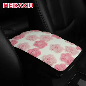 Pink Plush Car Armrest Pad Beautiful Flowers Winter Warming Hand Pad Anti-Slip Car Interior Supplies for Women