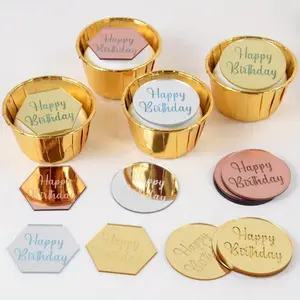 10pcs Happy Birthday Cake Toppers Gold Gold Acrylic Round Cupcake Toppers For Kids Birthday Baby Shower Party Cake Decor Tools Cake Decorations
