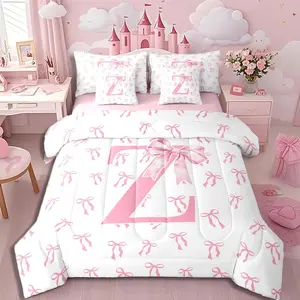 Feelyou 7-Piece Girly Letter Z Queen Comforter Set - Romantic Monogrammed Bowknot Bedding for Women, Pink Ribbon Bow Flat & Fitted Sheets, Initial Aesthetic Quilt Bed-in-a-Bag