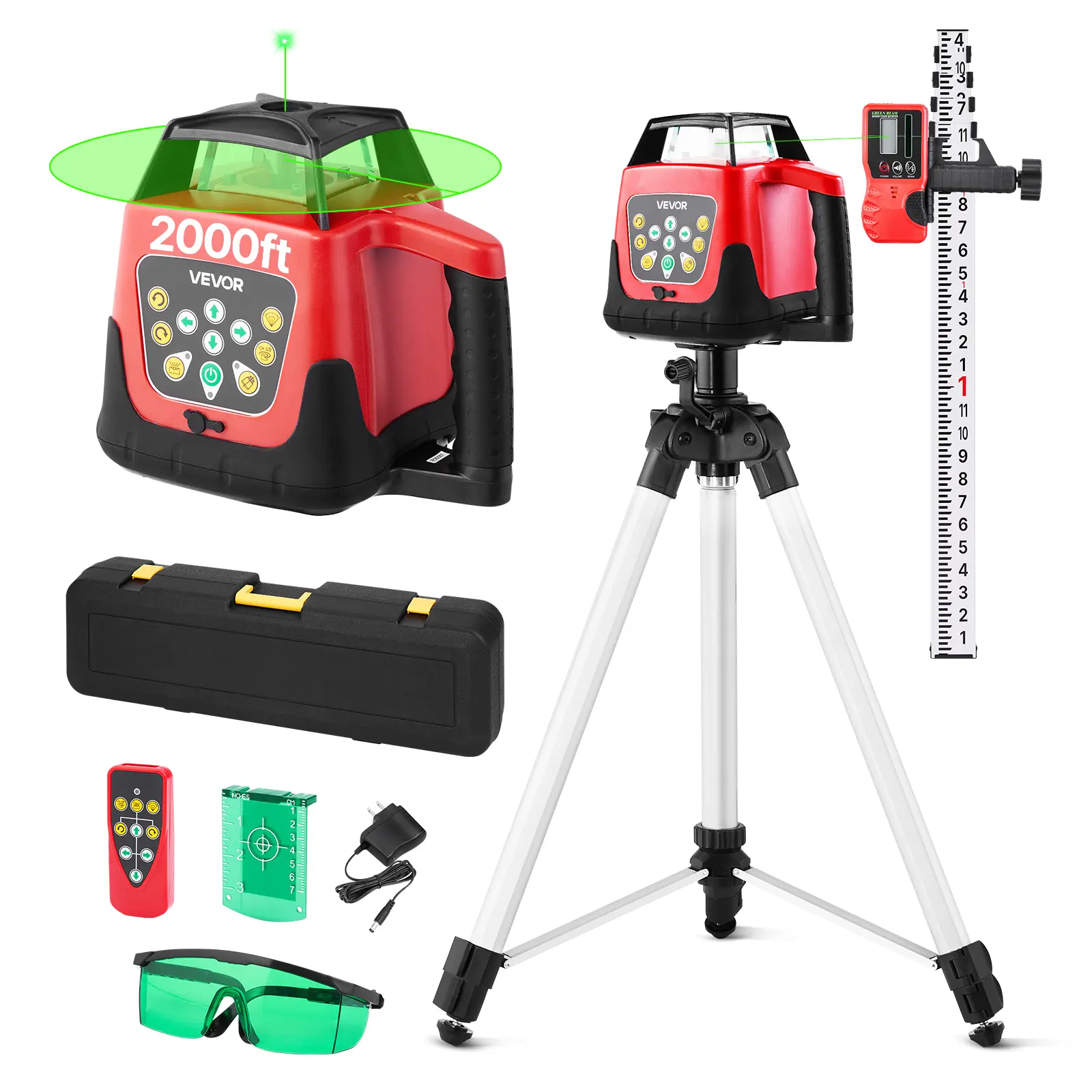 【DealsForYouDays】VEVOR Rechargeable Portable Self Levelling Laser Level Kit, 2000ft Range 360-Degree Horizontal Unit with Tripod Mount, Receiver, Remote, Scale, Toolcase, IP66 Waterproof, 0.80in/100ft Accuracy, Batteries for Large Jobsite Construction