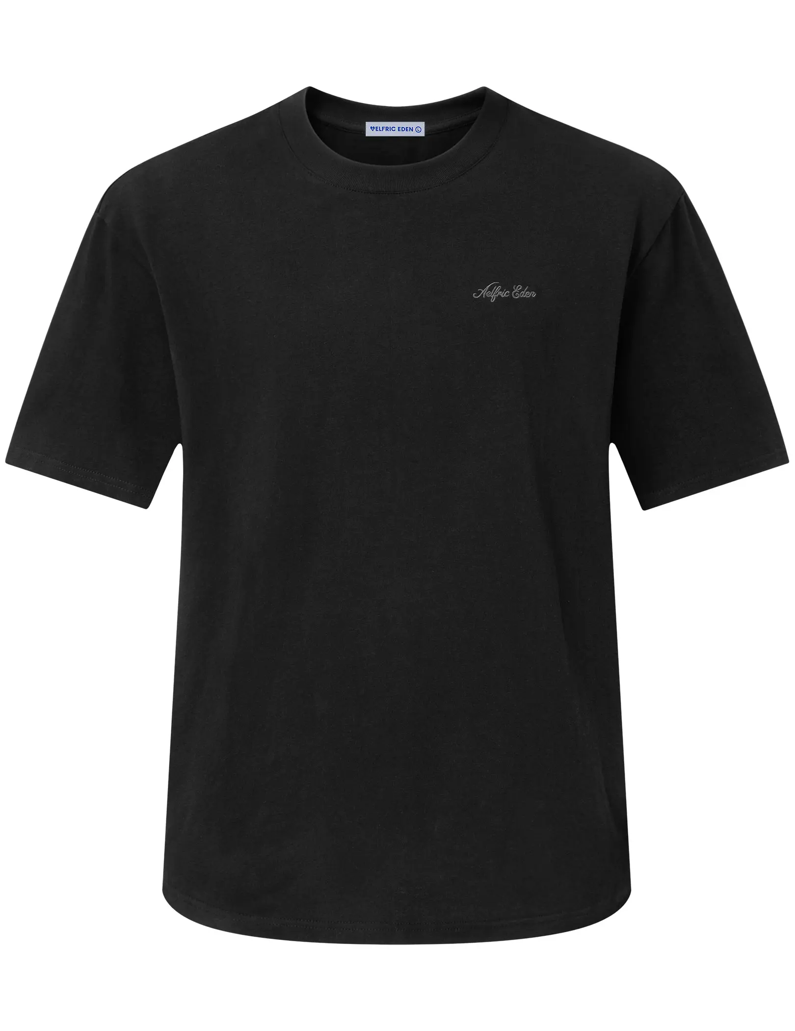 Aelfric Eden Mini Script Embroidered Basic Tee Oversized Dropped Shoulder Fit Chest Mini Script Embroidery Heavyweight Cotton Fabric Classic Crew Neck Minimalist Streetwear Unisex Top