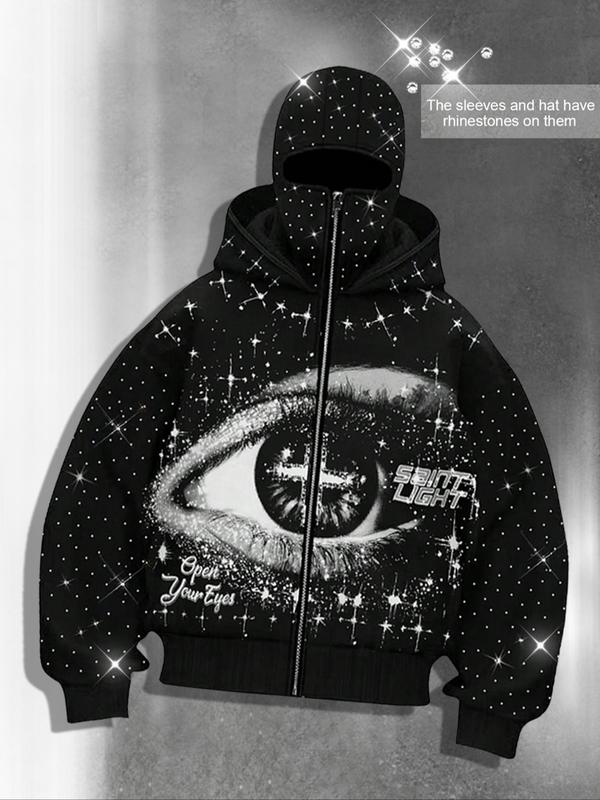 Eye print two hats zipper cardigan men's hoodie, Graphic hoodies, sleeve hat hot rhinestone, sparkling starry sky unisex hoodie European and American street jacket, autumn and winter plus velvet hoodie Instagram style