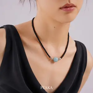 Peaka Black Oynx Necklace and Aquamarine Charm Pendant Set for Women, Magnetic Clasp Jewelry
