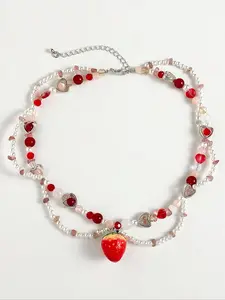 Fashion Sweet Cute Fresh Strawberry Pendant Heart Pearl Crystal Necklace, Elegant Style, Zinc Alloy Material, All Seasons Wear