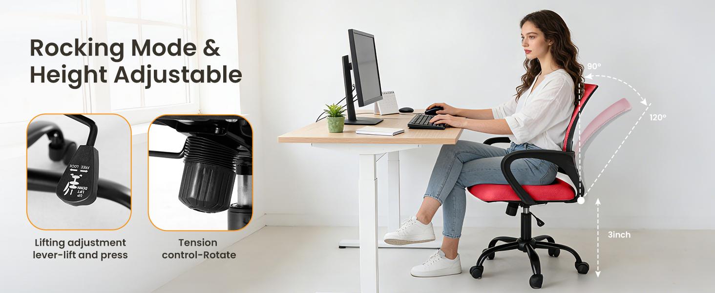 Ergonomic Mesh Office Chair with Lumbar Support, 120° Rocking & Height Adjustable Task Chair, Breathable Mid Back Computer Desk Chair with Fixed Armrest, 250LBS Capacity for Home Office