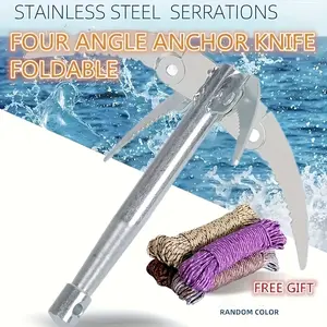 Stainless steel folding boat hook, boat anchor, with 393.7 inch long rope, white durable survival tool, suitable for canoes, kayaks and small boats, corrosion-resistant and easy to store
