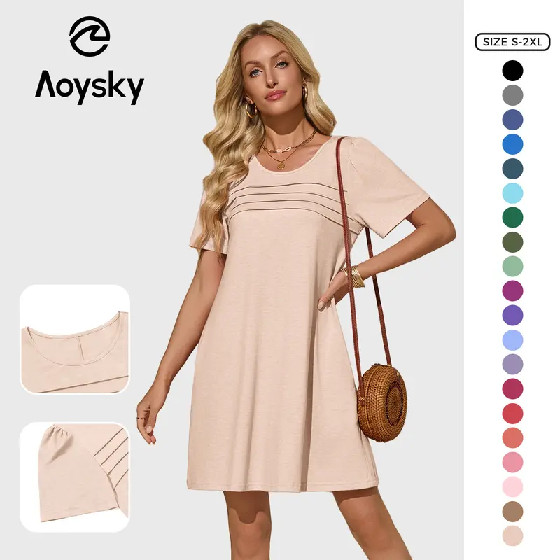 Aoysky Women's Chic Minimalist Basic Crew Neck Short-Sleeve Pleated Front Loose Flowy Mini Dress - Polyester-Nylon Fabric, Zipper-Accented A-Type Silhouette, Summer Beach Casual Womens Dresses