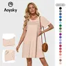 Aoysky Women's Chic Minimalist Basic Crew Neck Short-Sleeve Pleated Front Loose Flowy Mini Dress - Polyester-Nylon Fabric, Zipper-Accented A-Type Silhouette, Summer Beach Casual Womens Dresses