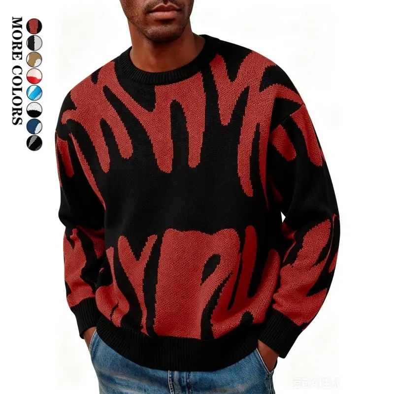 Men's Crewneck Color-Block Lettered Long-Sleeve Knit Sweater - Menswear Knitwear, Autumn/Winter Stylish Warm Casual Base Layer
