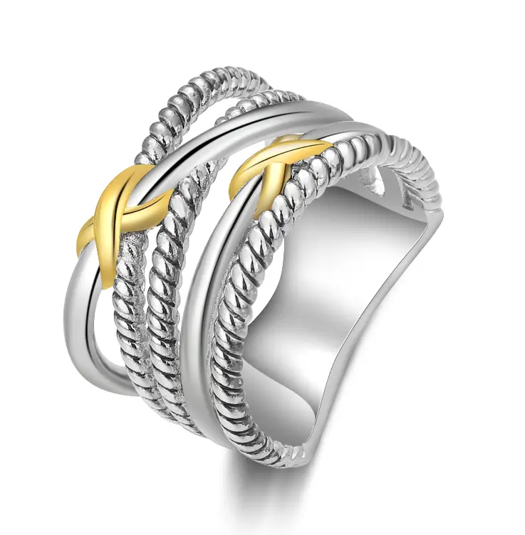 Aprilery Two Tone Vintage Intertwined Crossover Ring - Hollow Textured Band Jewelry for Women