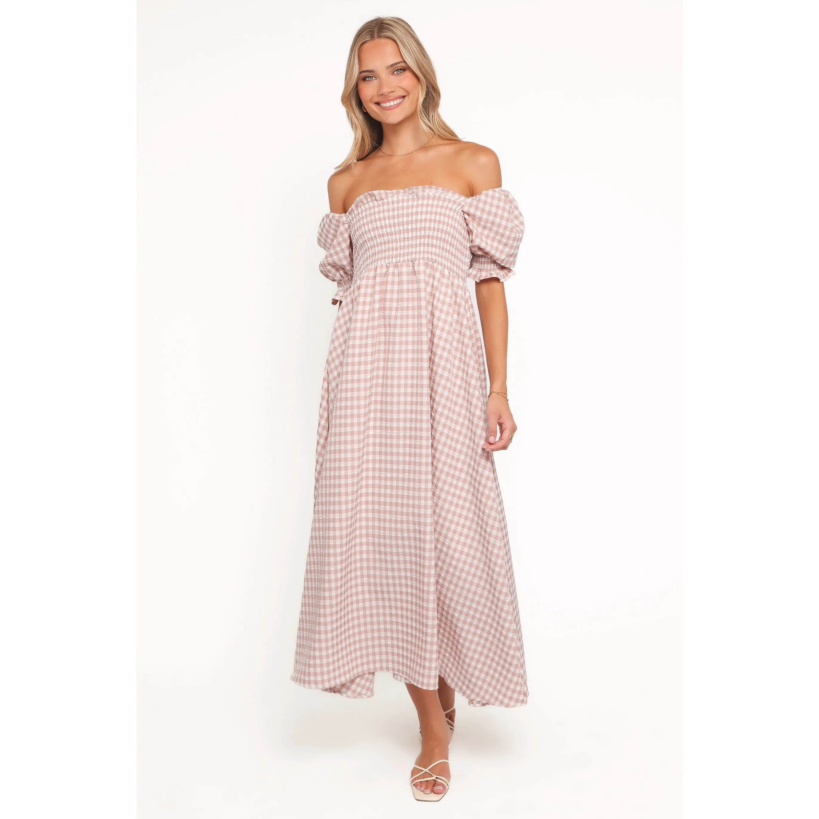 Siun Short Sleeve Midi Dress - Brown Gingham