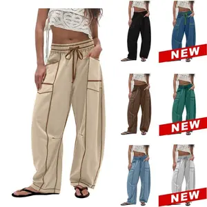 casual outfits women Women's Barrel Sweatpants High Waisted Wide Leg Pants Drawstring Athletic Baggy Pants Lounge Sweats Colorblock Soft Fabric Comfortable Fit True to Size Vogue Design Basic Minimalist Bottom with Pockets