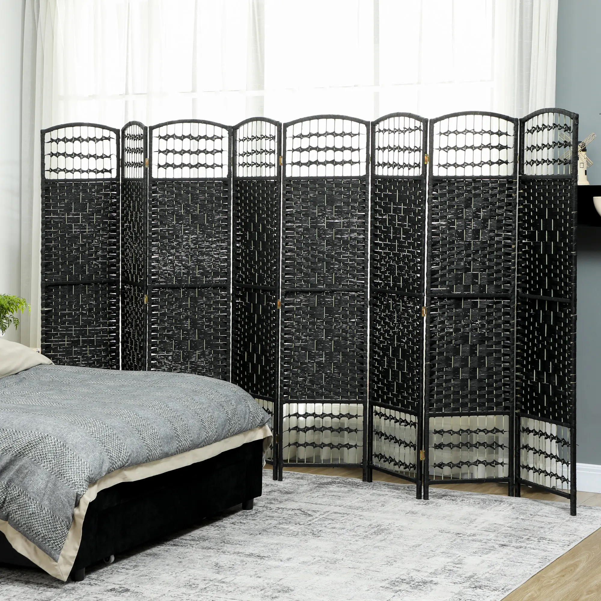 8-Panel Portable Folding Room Divider - Wave Fiber Privacy Screen for Home Office, Bedroom, Black with Sunscreen Shading Function
