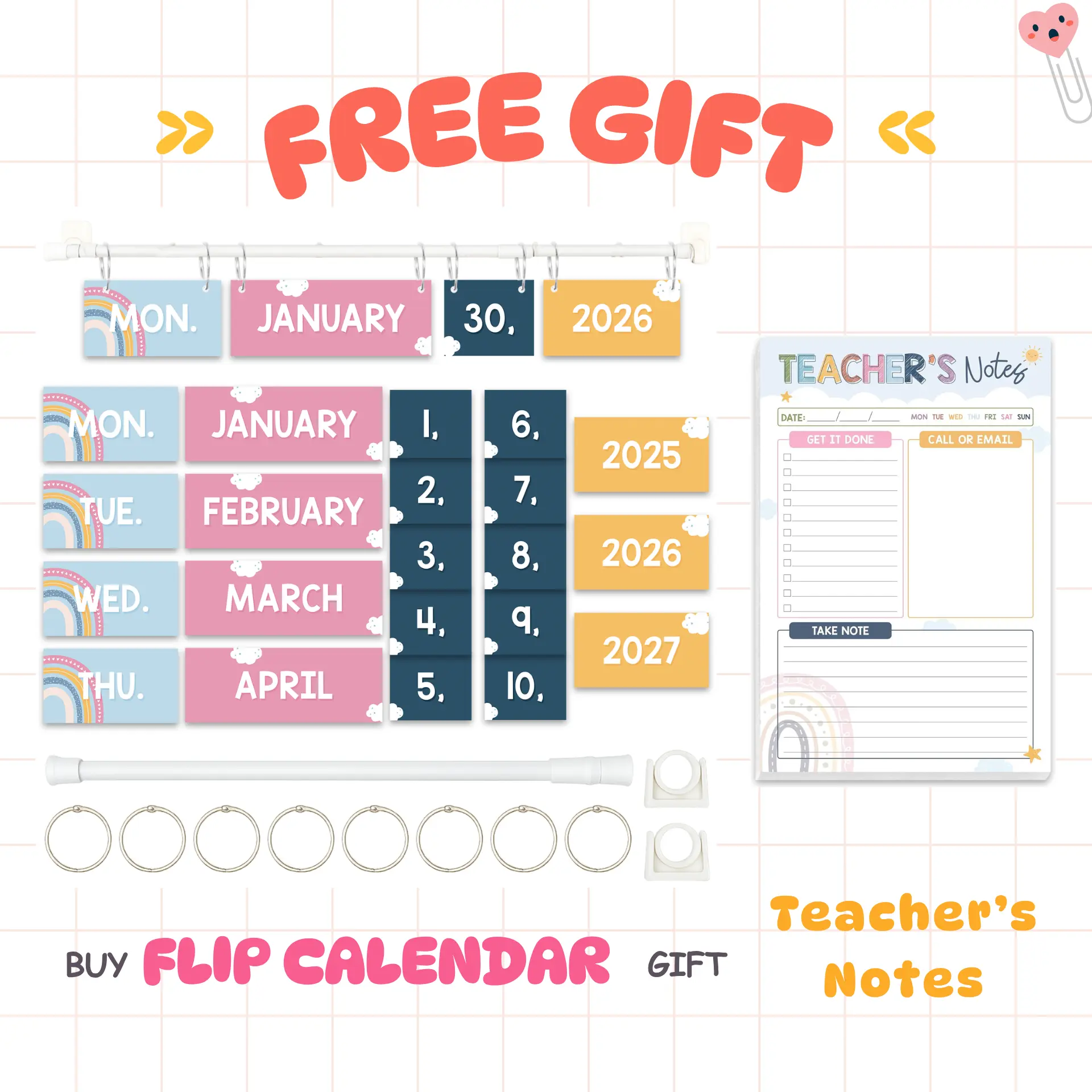 [GIFT] Rainbow Boho Flip Calendar Bulletin Board Set, Calendar With 53 Date Cards For Classroom, Adjustable Rod 15.7"-27.6", 8 O-rings, Mounting Hooks, Teacher & Homeschool Decor, Years 2026 - 2028