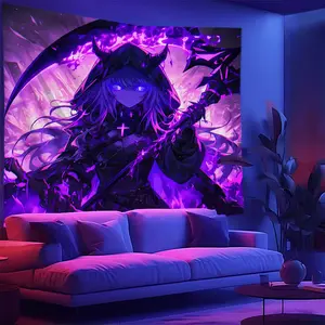 60X40 In Extra Large UV Reactive Glow in the Dark Tapestry - Dark Anime Purple Devil Girl Pattern Blacklight Wall Hanging, Peach Light Beige Fabric Home Decor for Bedroom, Living Room, Dorm - Unique Gift for Anime Fans, Anime Gifts, Bedroom Accent