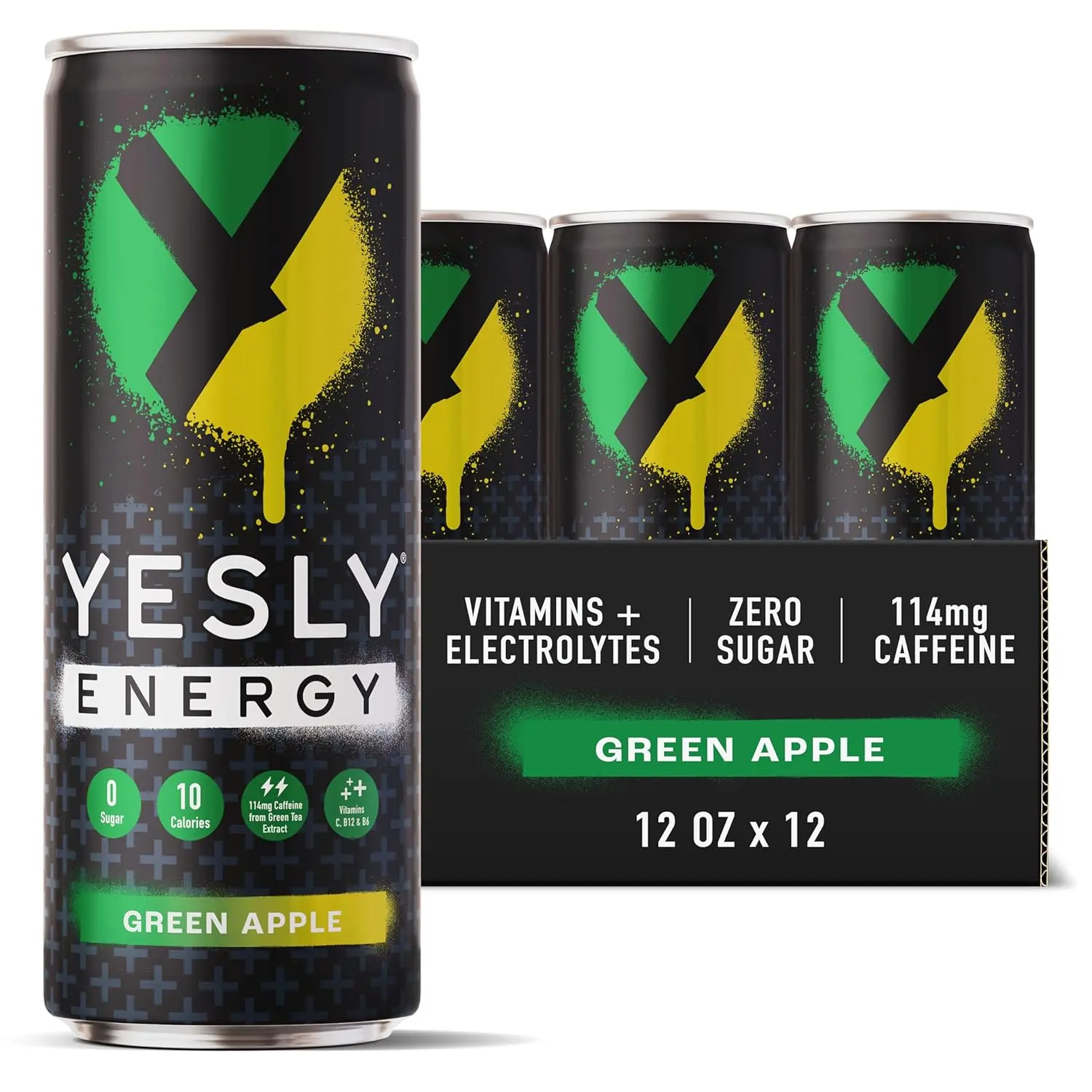 Yesly Energy Drink - Green Apple - All Natural Clean Energy Drink - Zero Sugar Functional Energy Infused with Vitamins and Electrolytes - 12 Fl Oz Cans - 12 Pack