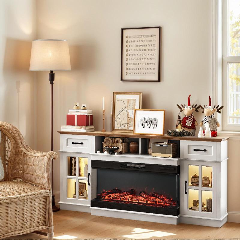 Karlhome Fireplace TV Stand up to 80'' TVs, 3-Sided Glass Entertainment Center with Electric Fireplace Heater & Glass Doors and Drawers, Fireplace Media Console Table with LED Light, Living Room