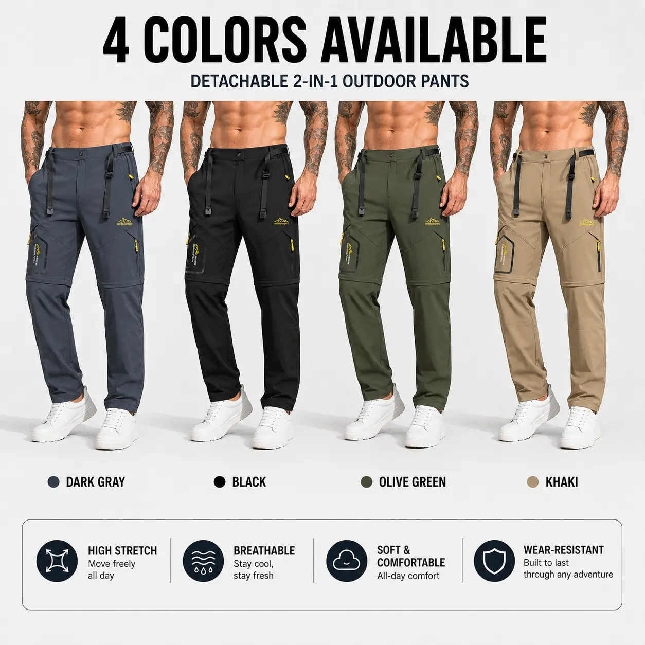 3-pack men’s cargo pants with detachable legs, elastic waistband, high stretch breathable fabric, zippered pockets, practical multi-pocket design, includes belt; lightweight straight-leg—essential for outdoor activities, casual wear, travel, and commuting