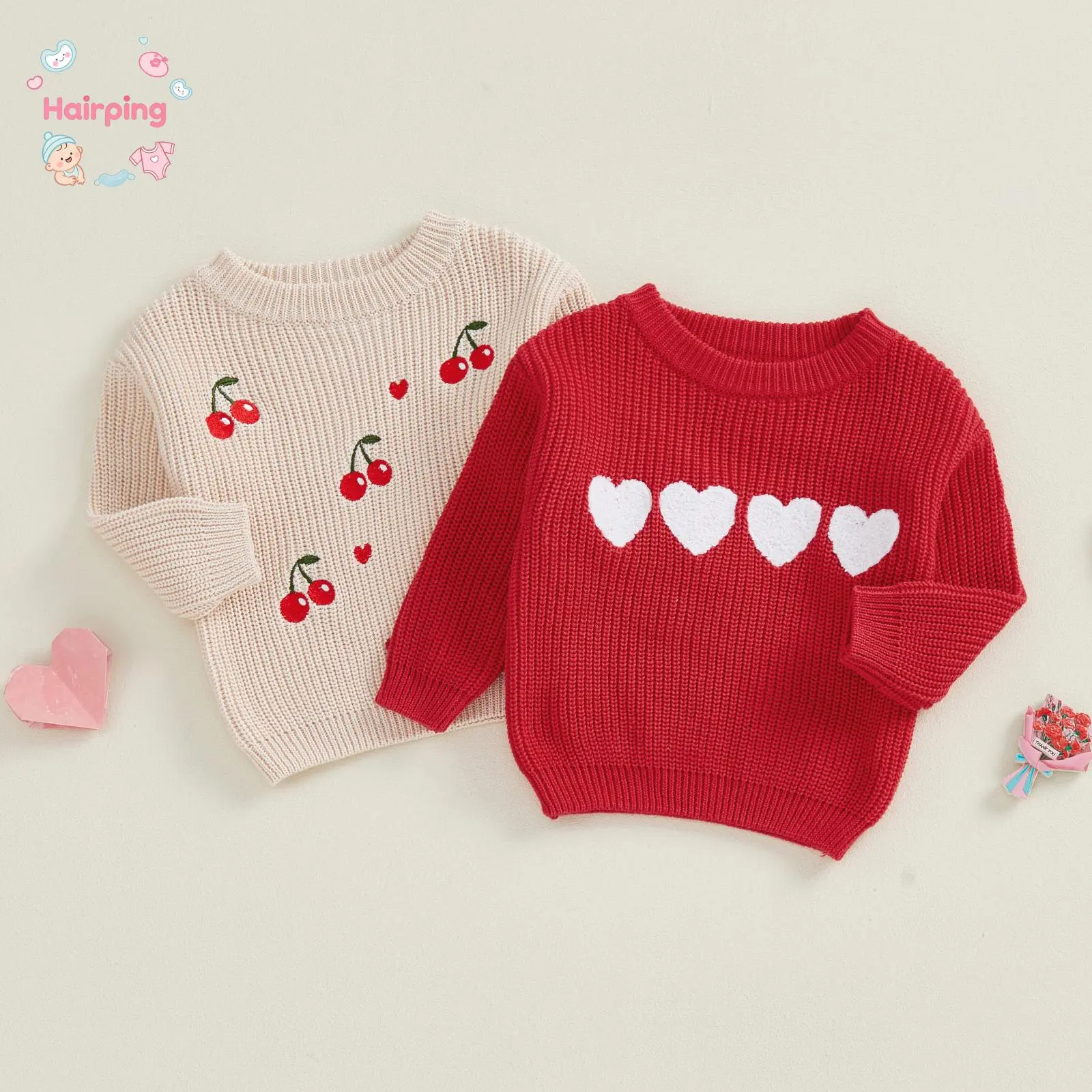 Toddler Cute Long Sleeve Knitwear - Bright Heart/Cherry Graphic Polyester Sweaters, Lightweight Breathable, Valentine’s Day Photo Shoot/Playtime Budget-Friendly Baby Clothes, Single Sweater