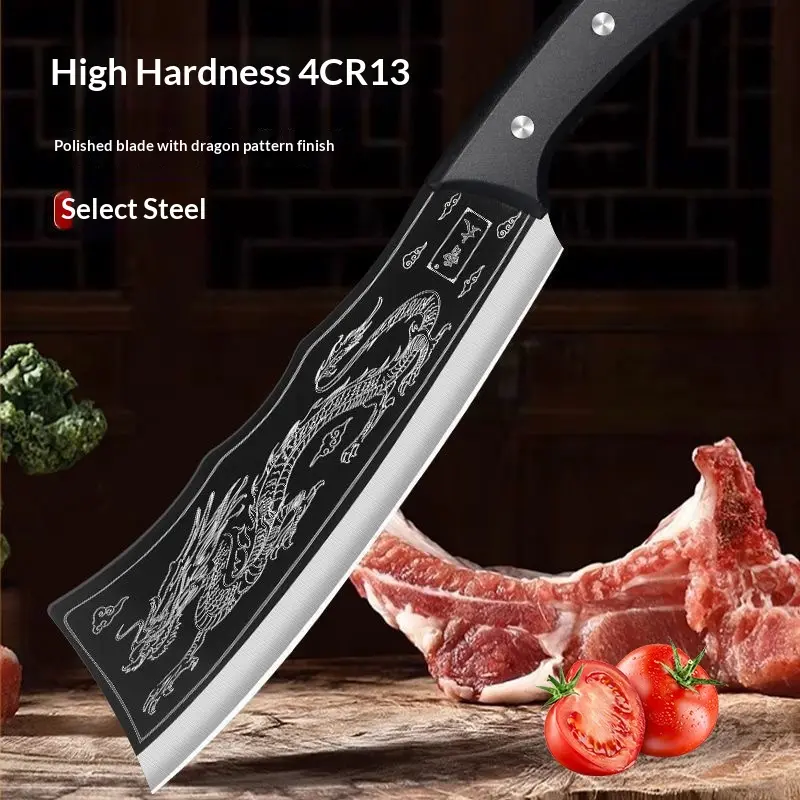 Vintage Dragon Engraved Chopper Knife - Full-Tang High Hardness Stainless Steel Fixed Blade Knives for Home Kitchen Cuts, Camping, Cooking Enthusiasts, with Polished Finish & Leather Sheath
