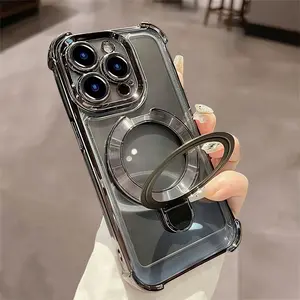 Magnetic four corner anti drop metal folding bracket for iphone16 Pro Max 15 14 13 iPhone case silicone soft shell TPU shockproof