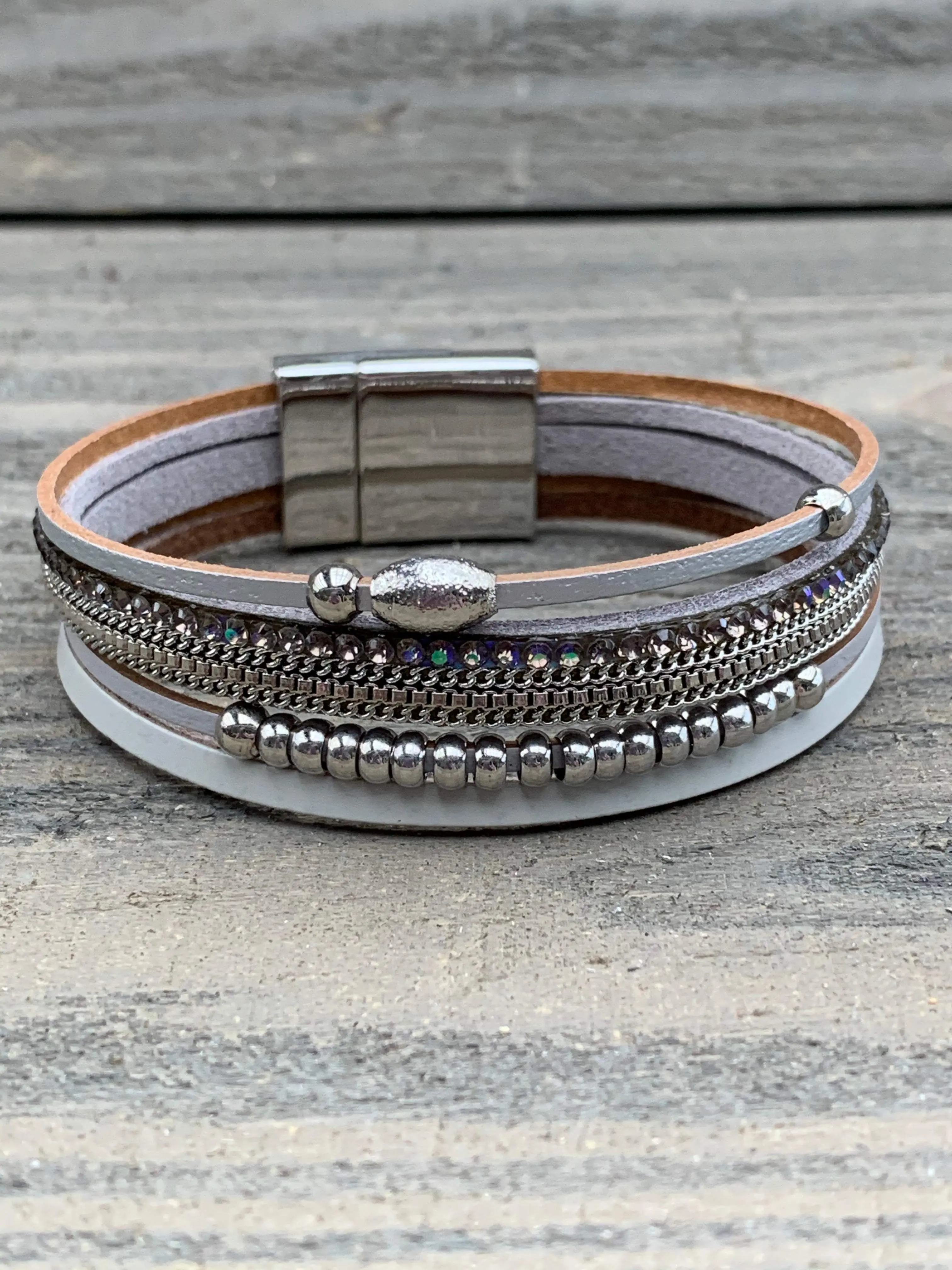Grey and Silver Iridescent Rhinestone Magnetic Bracelet