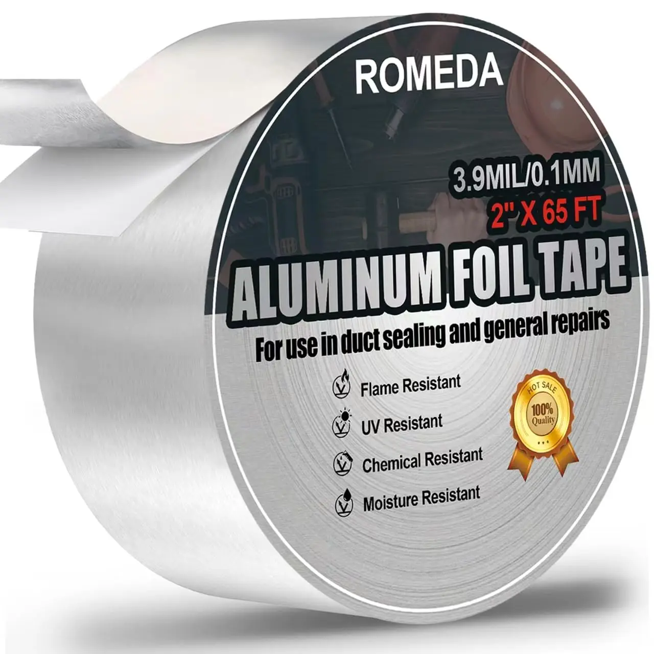 High-Temperature Aluminum Foil Tape (2 in x 65 ft, 3.9 Mil) - HVAC Insulation for Ductwork Duct Sealing, Easy to Peel Silver Tape Resistant to Flame, UV, Chemicals, Moisture, 2 Inch X 65 Feet, 65 Feet