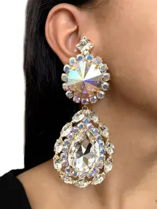 Luxurious Crystal Layered Dangle Earrings, Unique High-End Style, Rhombus Clasp + Teardrop Gem Design, Perfect for Trendy Girls