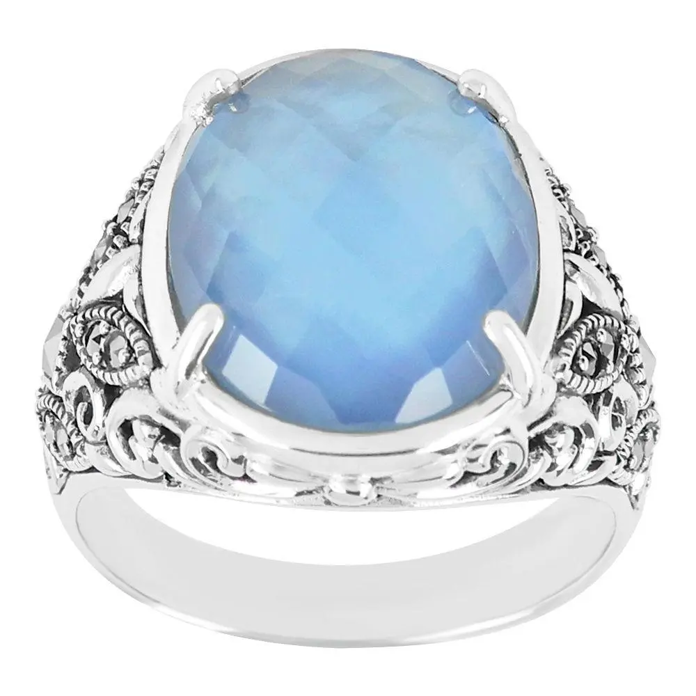 Suspicion Sterling Blue Mother of Pearl & Marcasite Ring