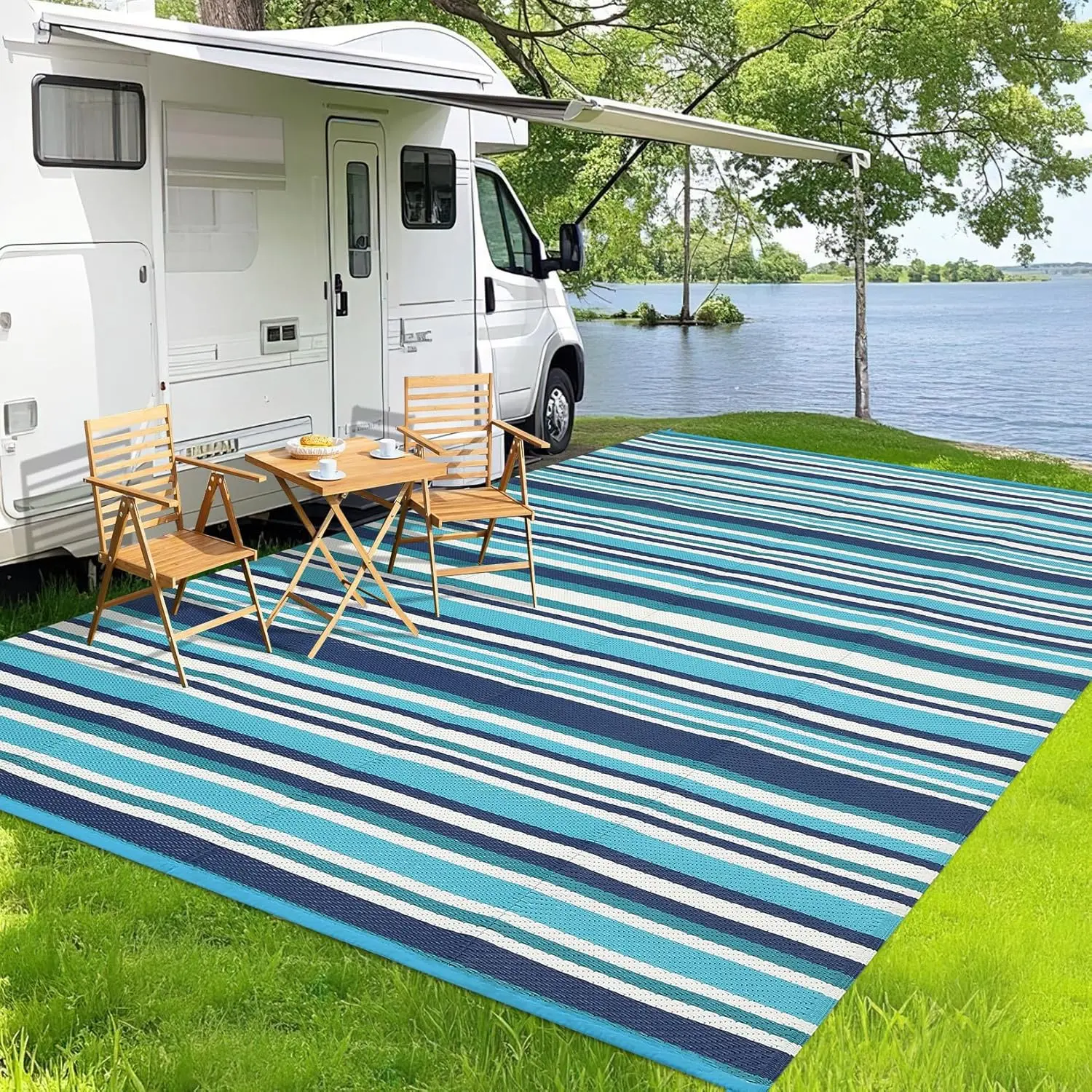Gaomon Reversible Lines Waterproof Plastic Straw Outdoor Rug - Geometric Multicolor Rug, UV-Resistant, Foldable, Secure Anchoring Camping Carpet for Deck, Picnic