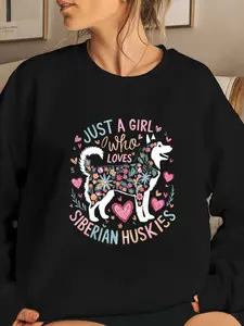 Women's Siberian Husky Pattern Printed Sweatshirt - Black Round Neck Hoodie with Husky Face and Paw Print Design, Comfortable Autumn/Winter Dog Clothing, Perfect for Casual Outing and Dog Lovers, Gothic Street Style