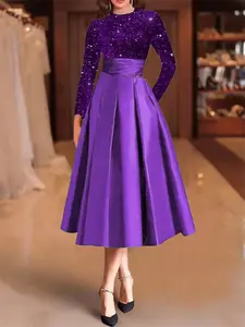 Elegant Women's Satin Midi Dress, Velvet Sequins Patchwork Design, A-Line, Long Sleeve, Round Neck, Formal Wear, Perfect for Holidays and Parties