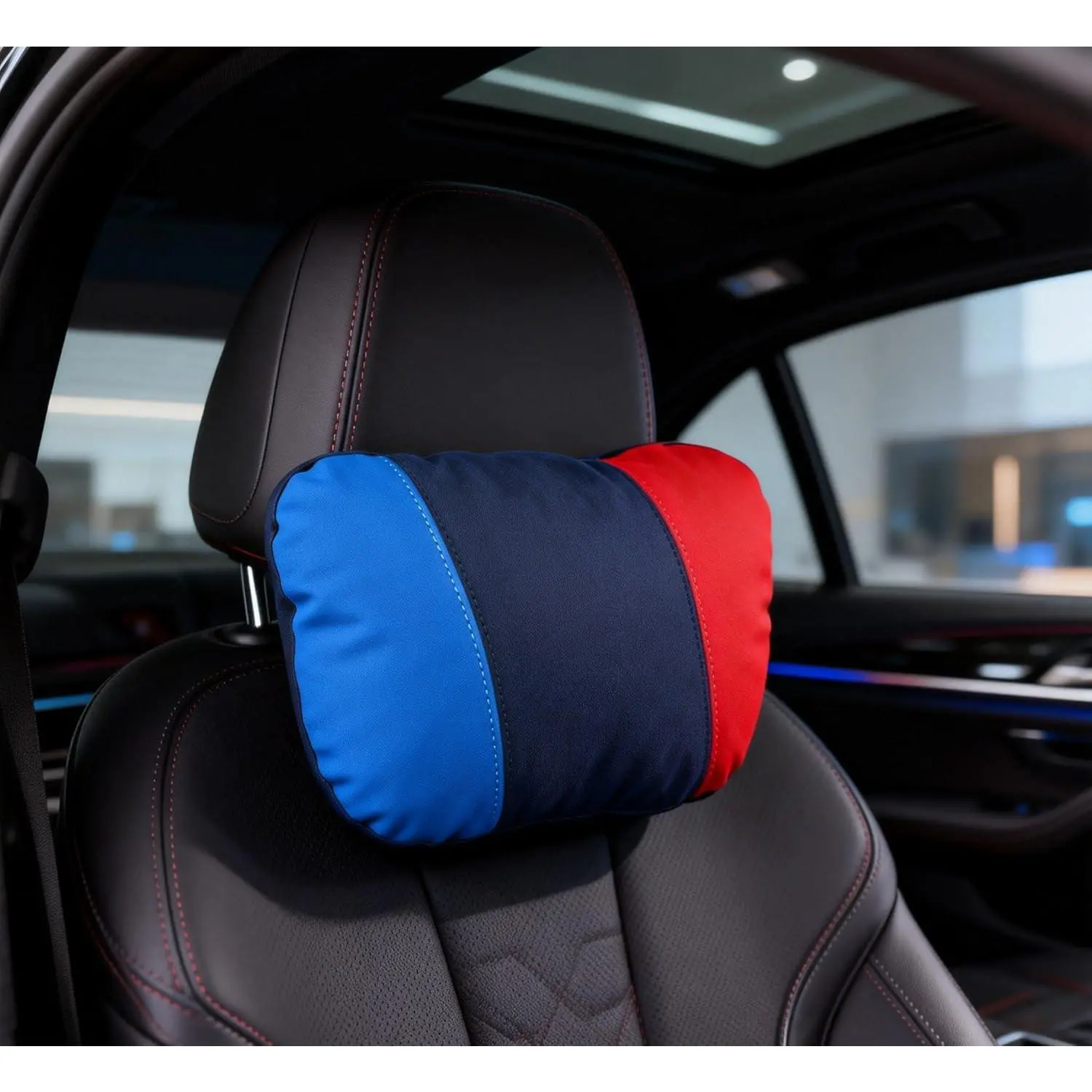 Car Headrest Luxury Neck Pillow for BMW, Cushion Neck Pillow with MTri-Style 3-Color Stripe Design, Microfiber Suede Cover, High-Resilience Foam, Sporty Interior Decor for Driving Comfort, 1 Pc, Luxury Neck Pillows, Cushion Neck Pillows