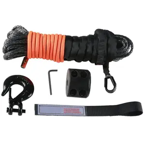 Synthetic Winch Rope Line Cable with Protective Sleeve Stopper Forged Hook & Pull Strap for ATV UTV Vehicle Towing